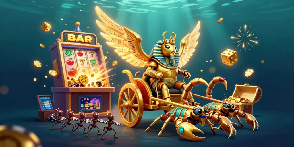 Experience big wins with SOMATOTO's vibrant 3D casino scene featuring a golden scarab beetle and a jackpot explosion.