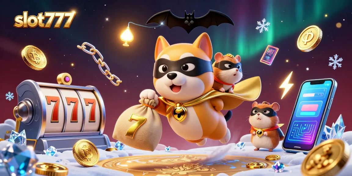 Engage with slot777's thrilling atmosphere featuring a superhero dog and gold coins in a dynamic casino illustration.