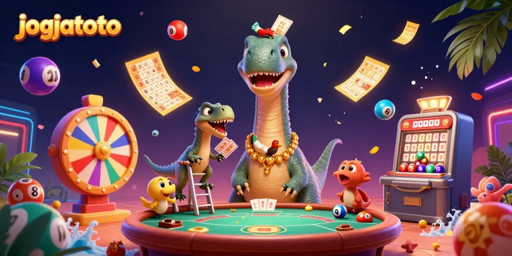 Experience fun with jogjatoto as dinosaurs deal cards amid a vibrant casino scene.