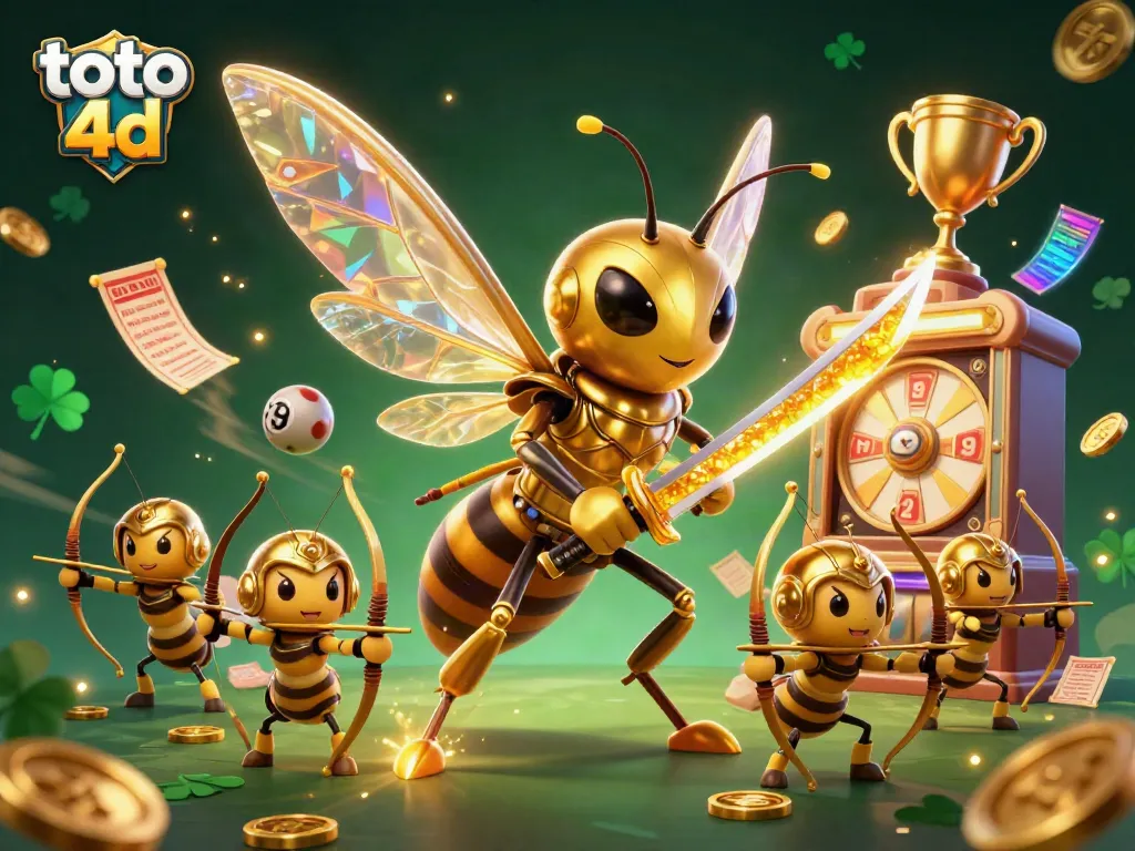 Engage with the thrilling toto 4d lottery experience featuring a vibrant 3D illustration of a golden hornet samurai and bee archers.