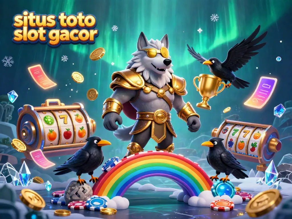 Permainan situs toto slot gacor dengan Odin dan raven di latar belakang jembatan chip kasino.