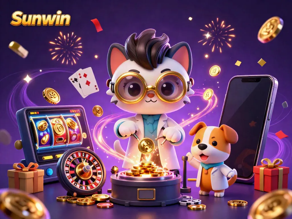 Sunwin's exciting casino scene with a playful scientist cat and dog creating golden coins.