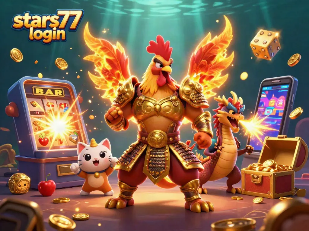 Masuki petualangan menang besar di stars77 login dengan simbol slot yang berkilauan di sekitar pahlawan.