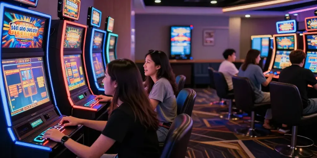 Visualisasi kasino online dengan pemain antusias bermain slot gacor di mesin yang berwarna-warni.