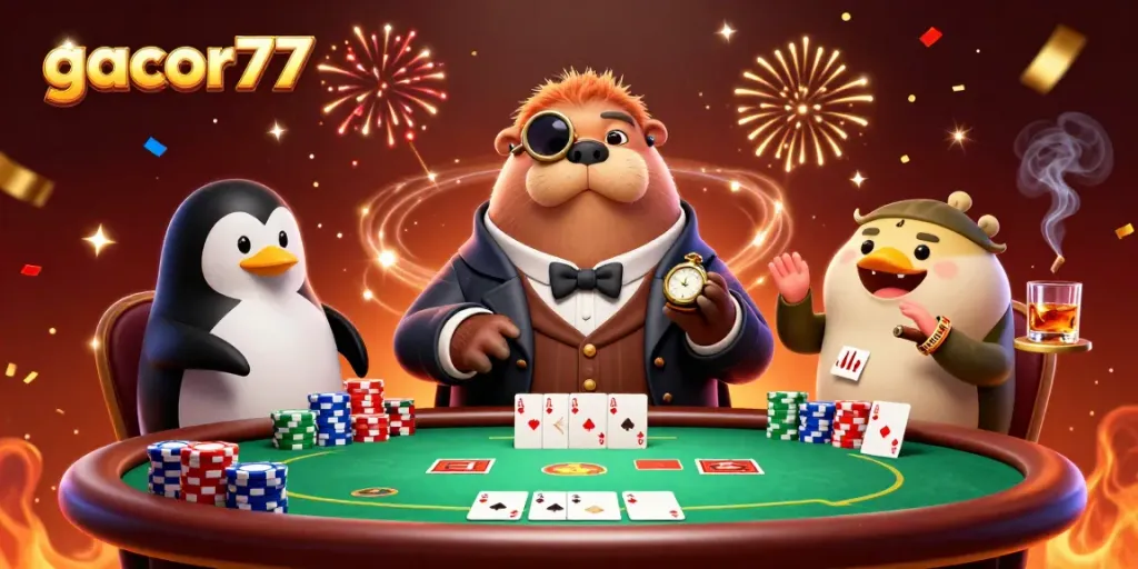 Gacor77 menampilkan walrus jolly berteman dealer penguin dan pemain pufferfish bermain poker di dunia bawah laut.