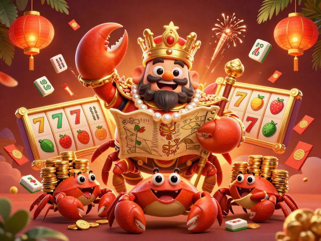 Engage with MPO08's vibrant scene featuring a golden crab emperor and dynamic casino elements.