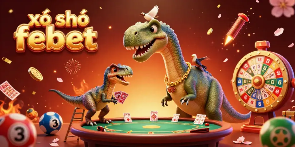 Engaging illustration of xổ số febet featuring a cartoon dinosaur and a raptor dealing cards in a vibrant casino.