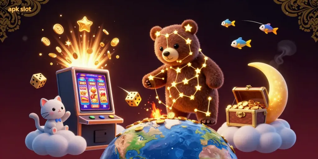 Jelajahi apk slot dalam ilustrasi kasino yang penuh dengan simbol keberuntungan dan kejutan jackpot.