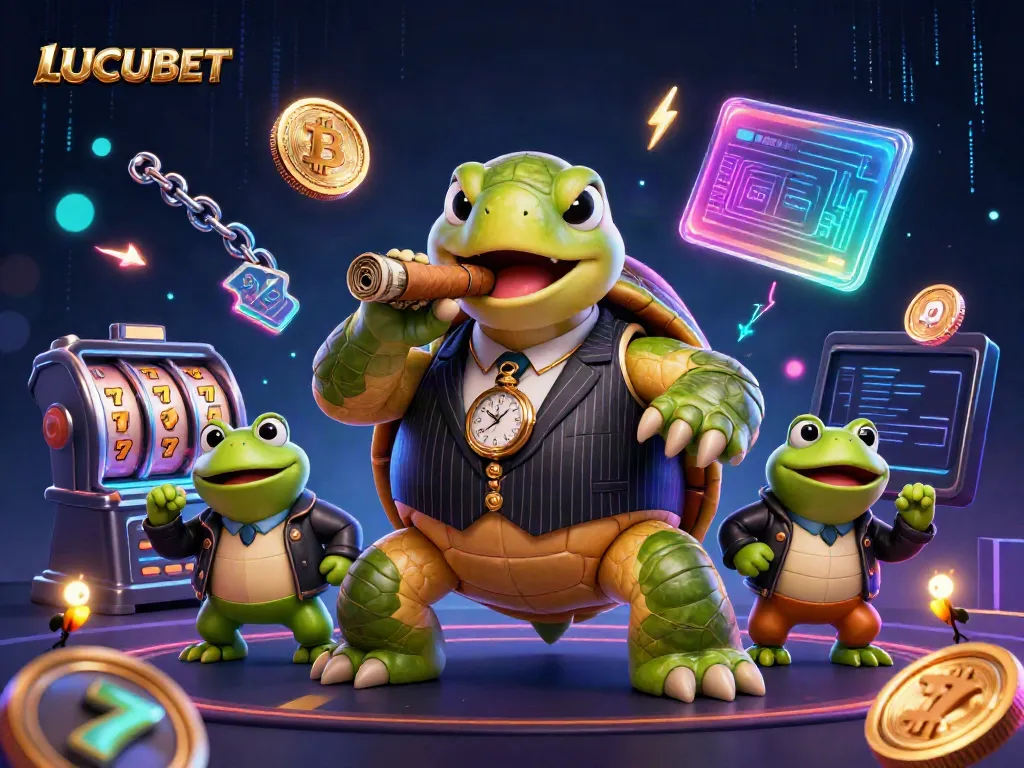 LUCUBET showcases a vibrant 3D scene with animated characters and slot game elements, celebrating online gambling.