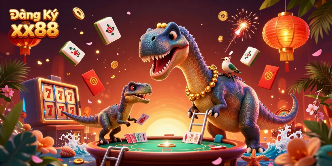 Engage in the excitement of Đăng Ký xx88 as a giant brontosaurus oversees a vibrant poker game with unique casino elements.