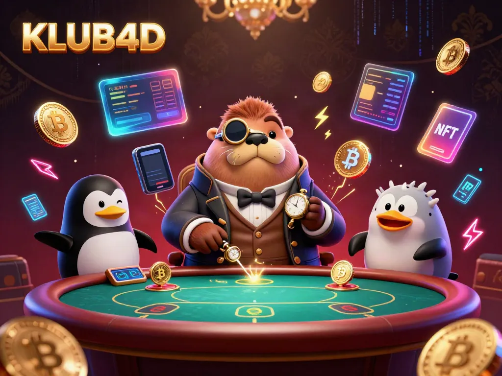 Gambaran KLUB4D dengan walrus kartun bermain poker di bawah laut bersama dealer penguin