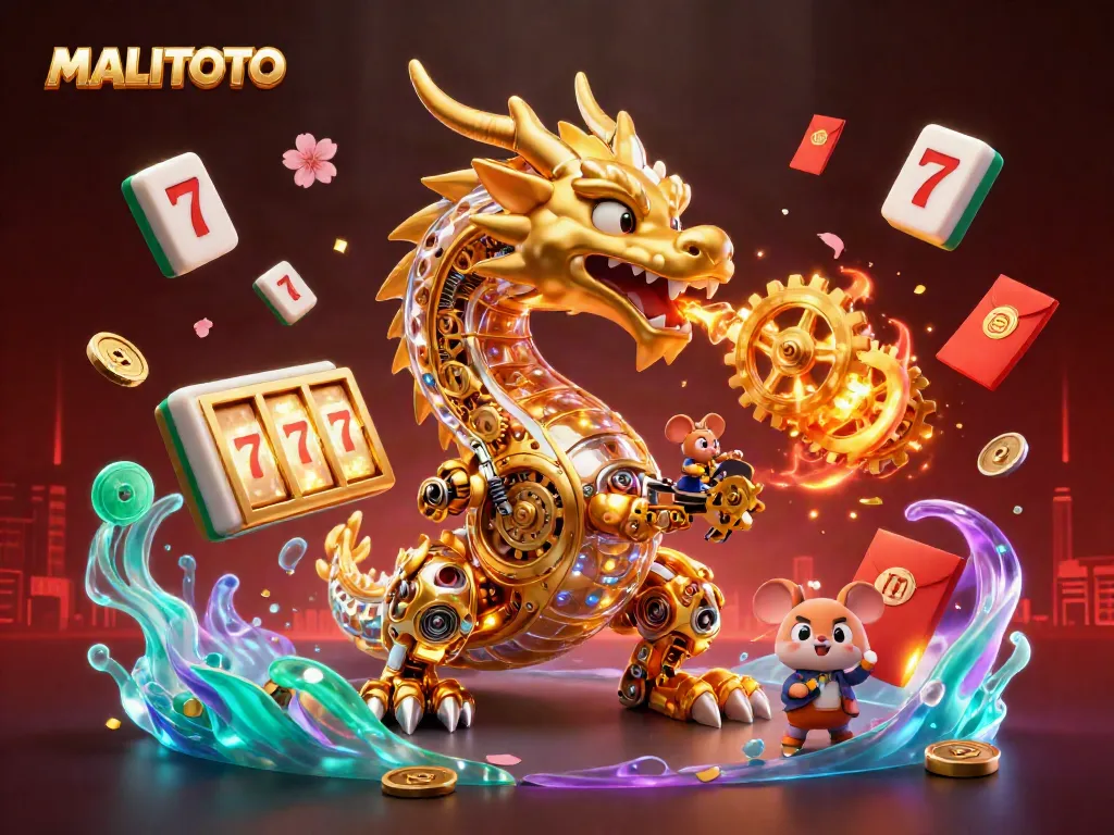 MALITOTO features a golden dragon and mouse engineer amidst slot game elements and celebratory fireworks.