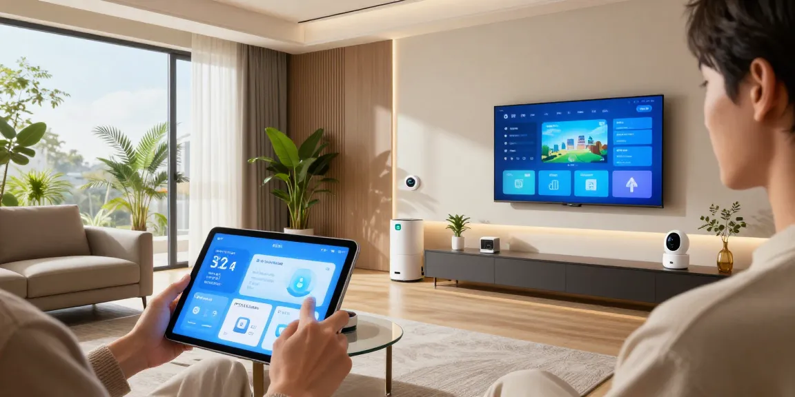 Smart home gadgets in a modern living room with a person controlling devices through a tablet, illustrating technology integration.