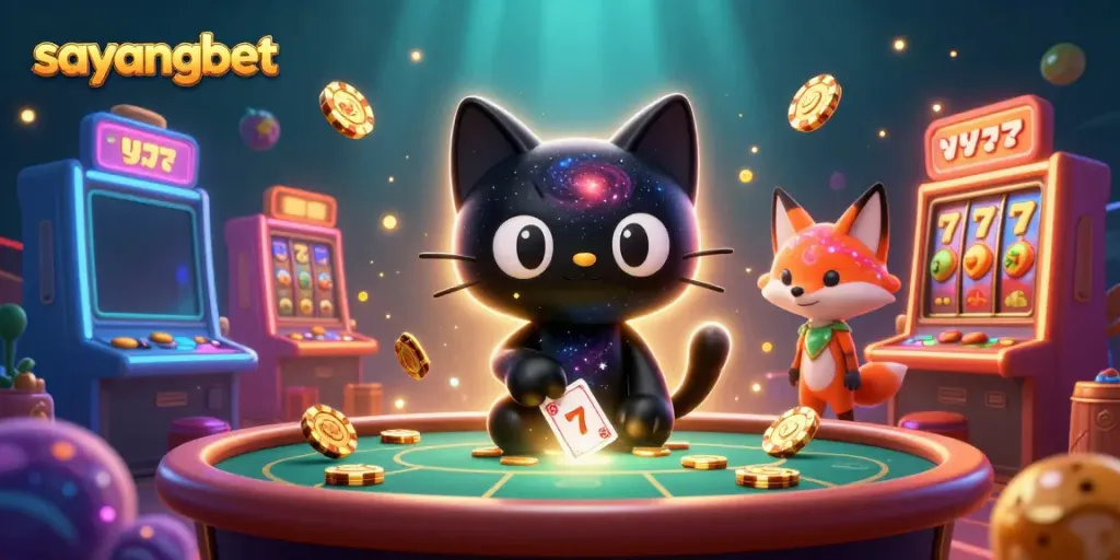Experience the excitement at sayangbet with a cosmic cat and fox at a vibrant casino.