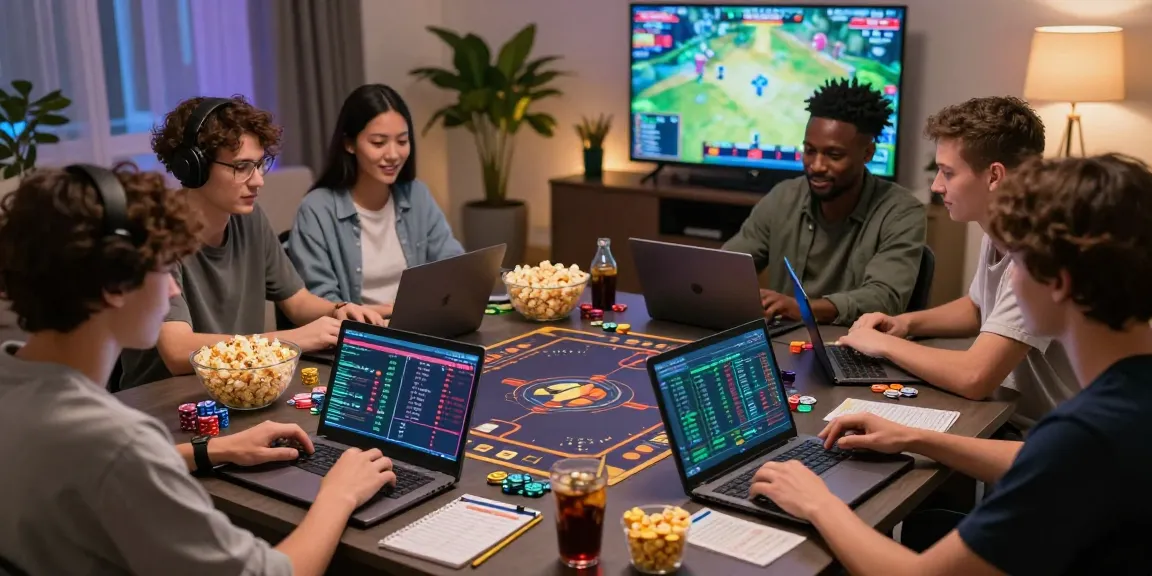 Engaged gamers strategizing for toto togel betting in a modern living room.
