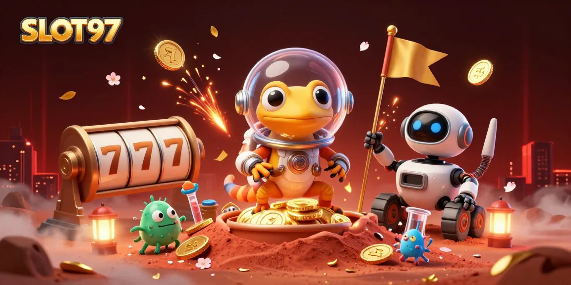 SLOT97 offers exciting slot reels spinning in a dynamic casino scene featuring a Martian gecko and vibrant game elements.