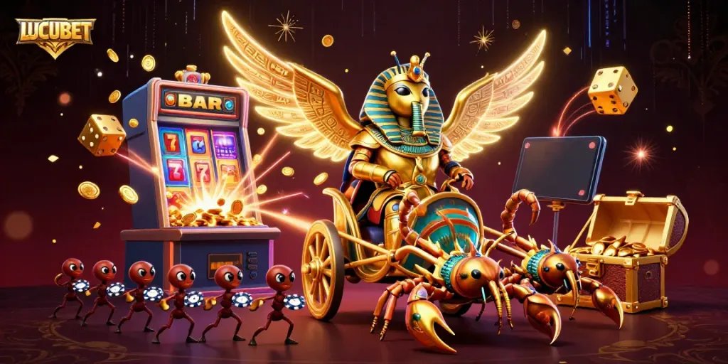 LUCUBET features a dazzling scene with a golden scarab beetle, scorpions, and poker chip-carrying ants celebrating a jackpot explosion in a vibrant casino illustration.