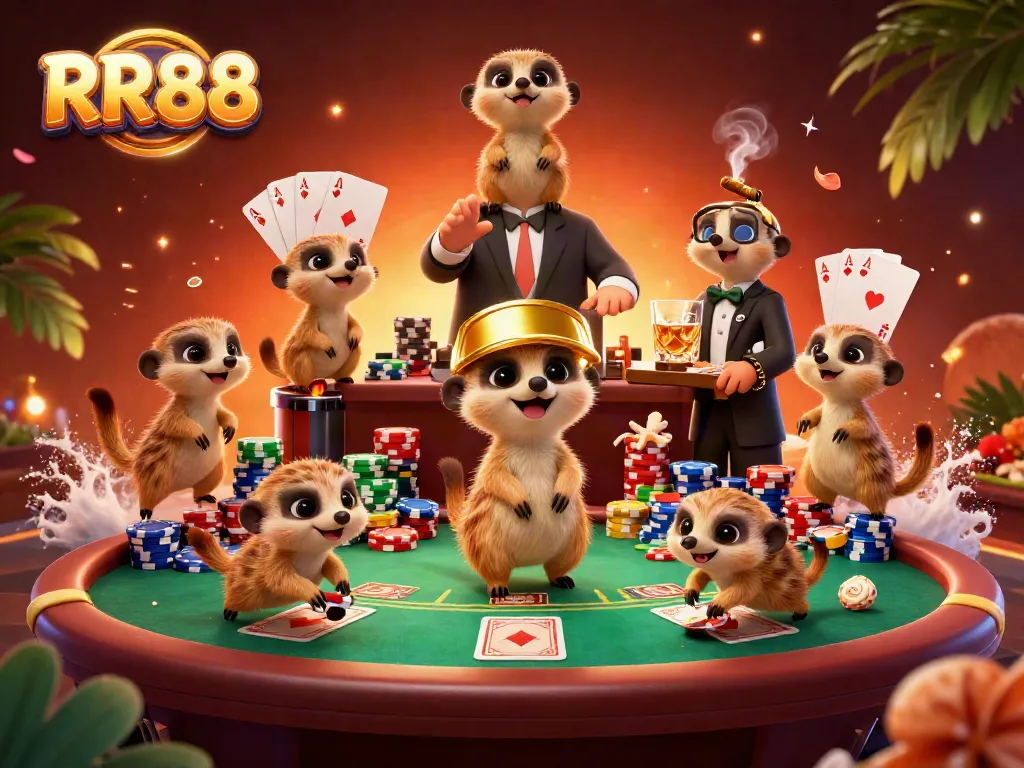 Engage in thrilling poker action with RR88's meerkat casino, showcasing dynamic gameplay and colorful chips.