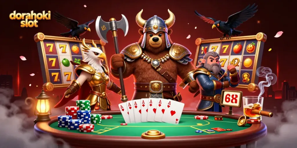 Menangkan dorahoki slot dengan ilustrasi karakter Viking dan simbol permainan menarik.