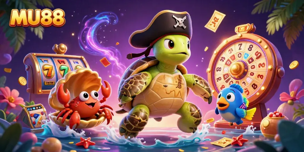 Experience the excitement of MU88 casino adventures with vibrant characters alongside jackpot reels and treasure.