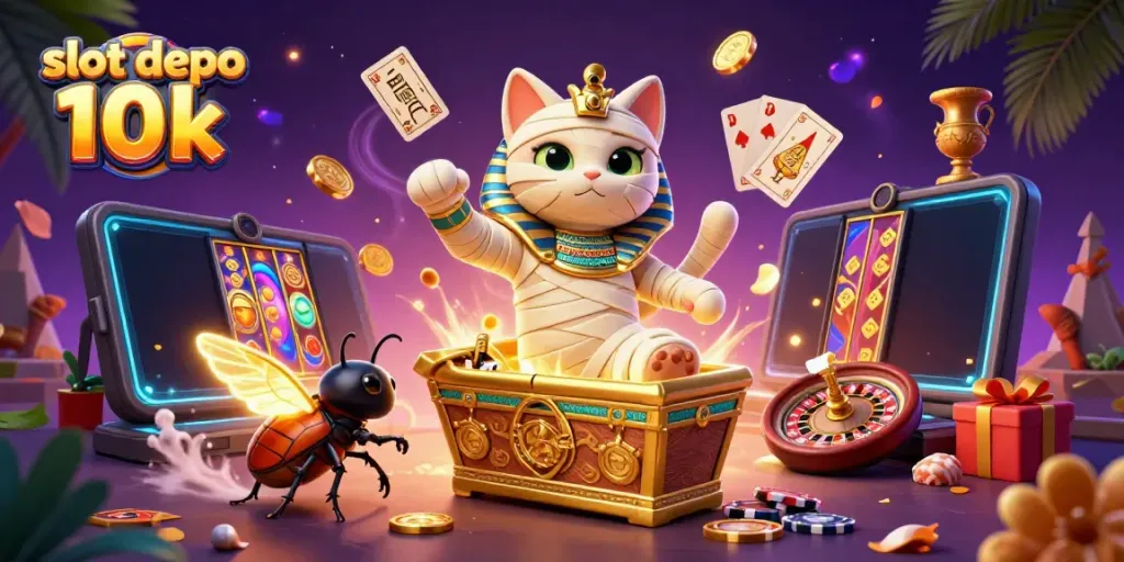 Slot depo 10k: Mummy cat meluncur dari sarcophagus di kasino dengan elemen permainan.