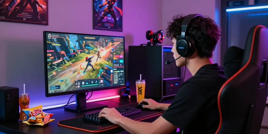 Pemain menikmati pengalaman natunatoto dengan headset dan keyboard gaming di ruangan modern.