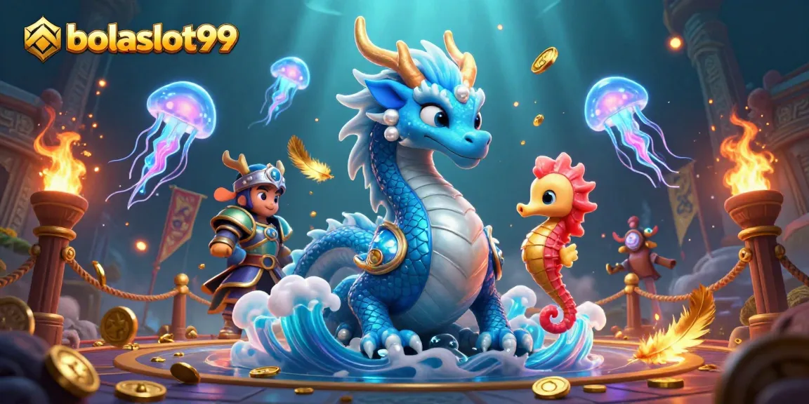 Engage in dynamic play with bolaslot99 featuring a vibrant casino scene illustrated with a dragon, knight, and jellyfish.
