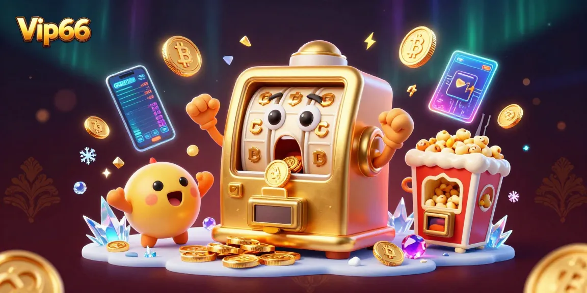 Watch the Vip66 slot machine celebrate a jackpot win with coins pouring out, alongside cheering baby slots and golden popcorn.