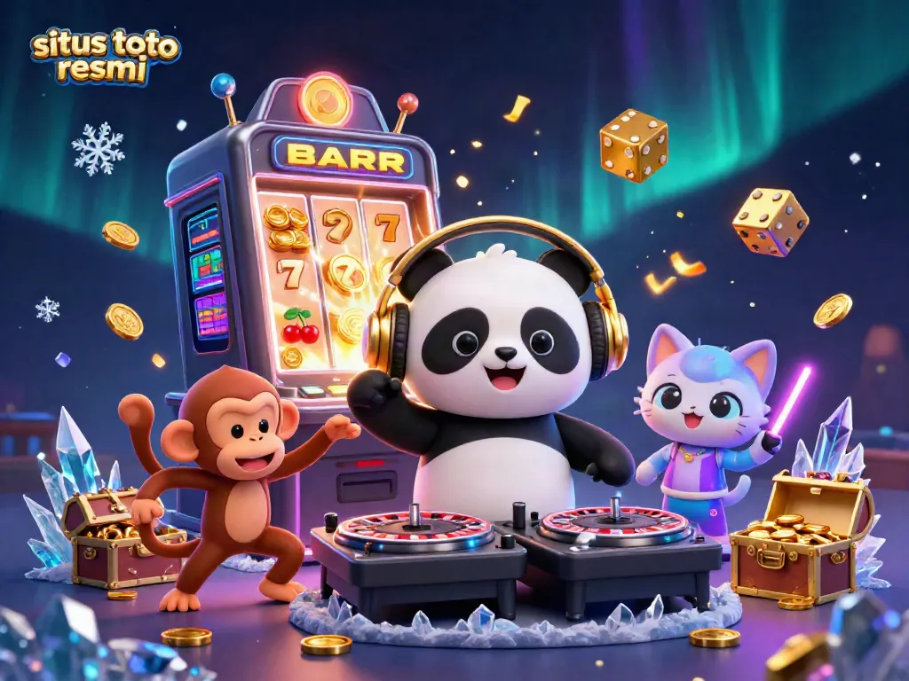 Experience the thrill of situs toto resmi with a vibrant 3D casino party scene featuring a DJ panda and lively characters spinning luck.