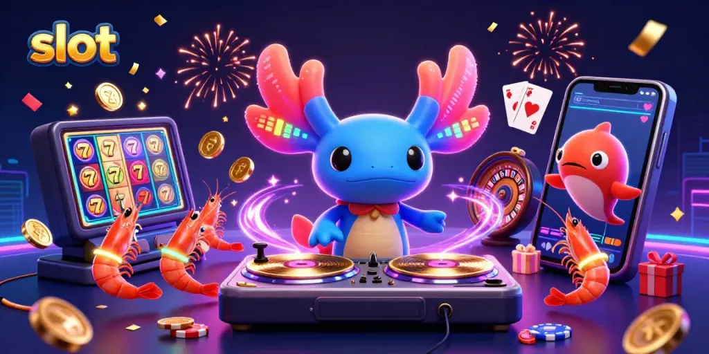 Experience thrilling slot gameplay with a vibrant scene featuring a neon axolotl DJ and dancing shrimp.