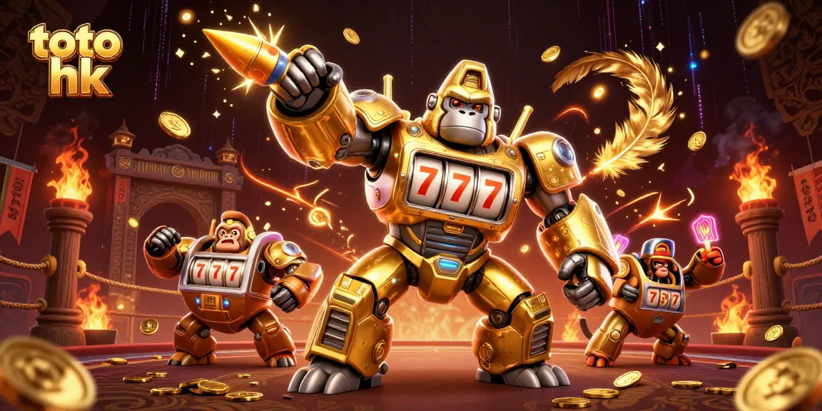 Rasakan keseruan toto hk dengan pertarungan gorila emas mecha dan koin berserakan di arena bertarung.