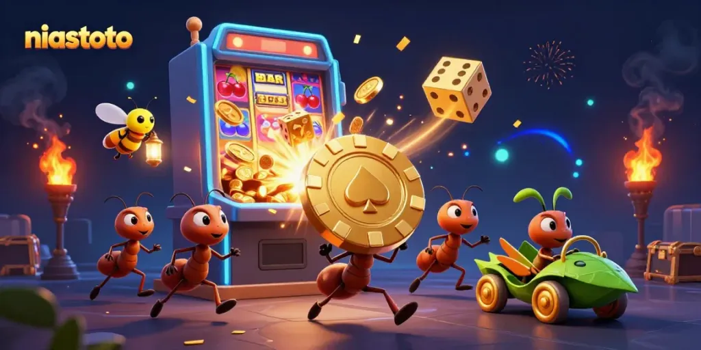 Ilustrasi kasino niastoto dengan semut mencuri chip poker dan mesin slot yang meledak.