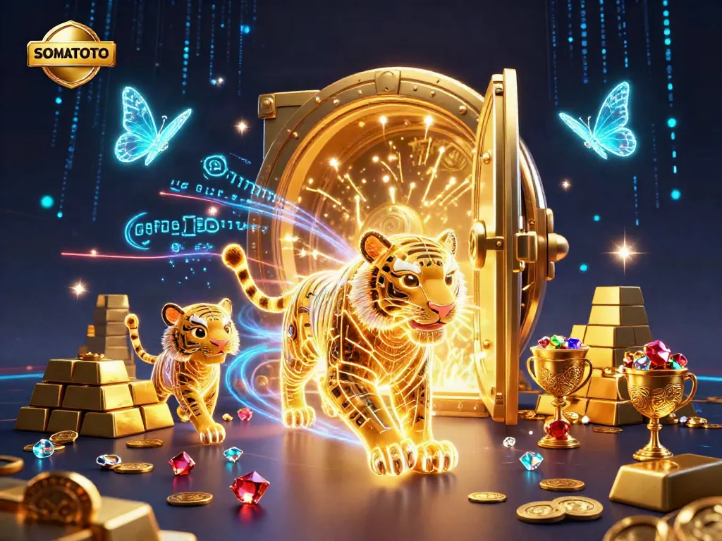 Experience the thrill of gaming at SOMATOTO with vibrant digital casino elements and a golden tiger character.