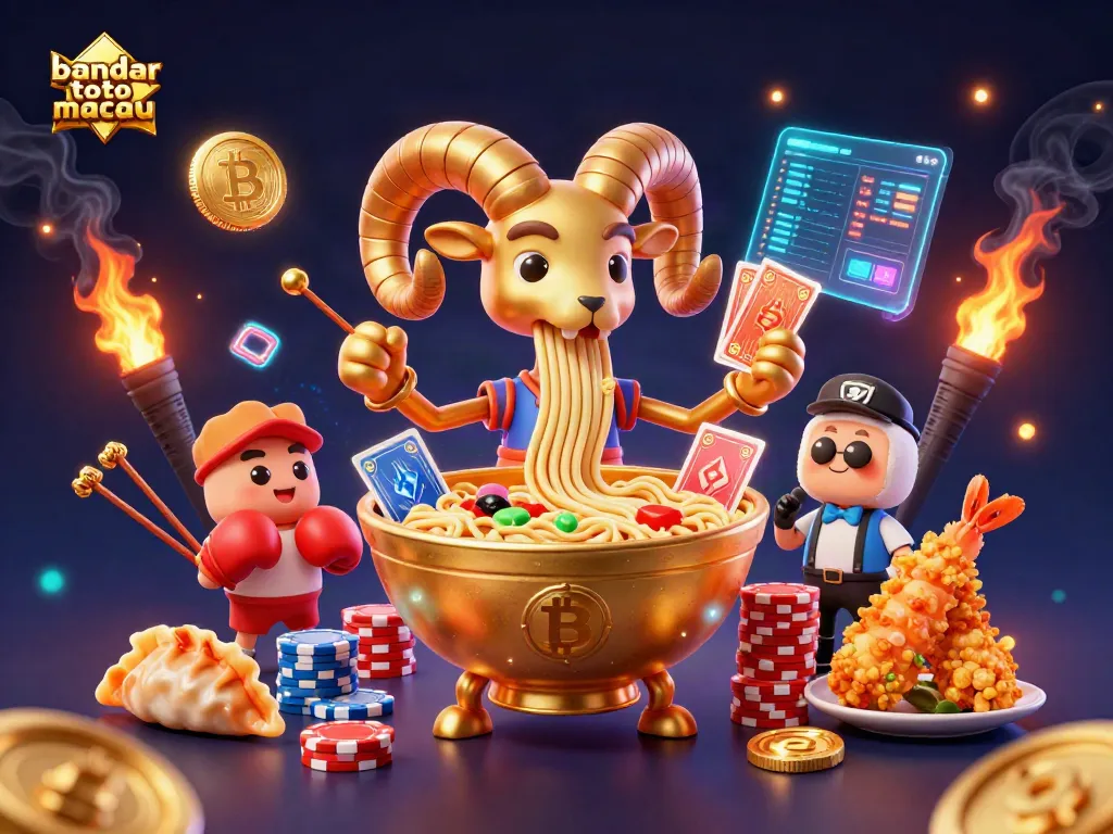 Menang di bandar toto macau dengan ilustrasi kasino yang meriah melibatkan karakter unik dan elemen permainan.
