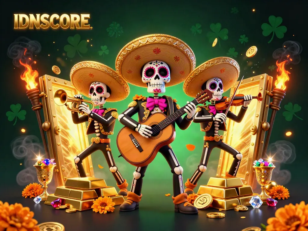 Experience the vibrant IDNSCORE energy with a lively mariachi band amidst glittering treasures.