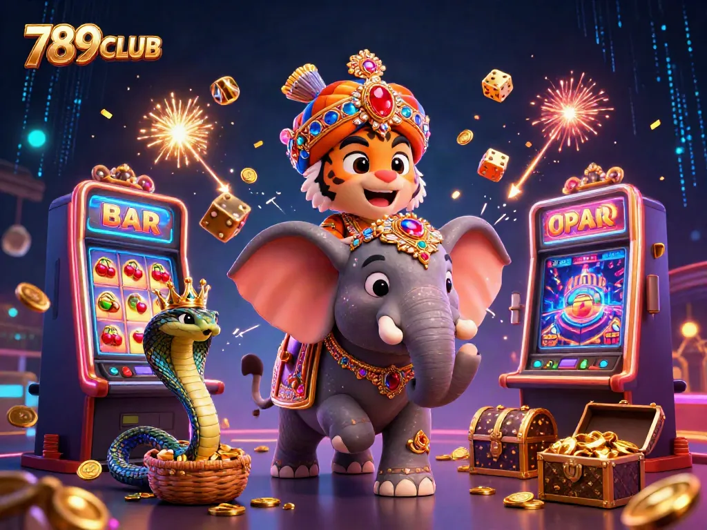 Experience the dazzling world of 789CLUB, where a royal tiger and an elephant celebrate casino wins.
