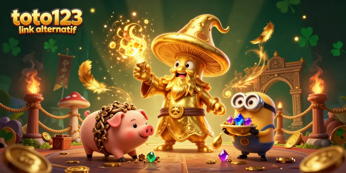 Engage in immersive gaming at toto123 link alternatif featuring a golden mushroom wizard and treasure.