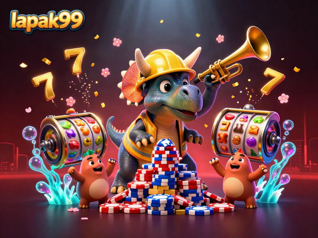 Lapak99 features a triceratops building poker chip pyramid amidst vibrant slot elements.