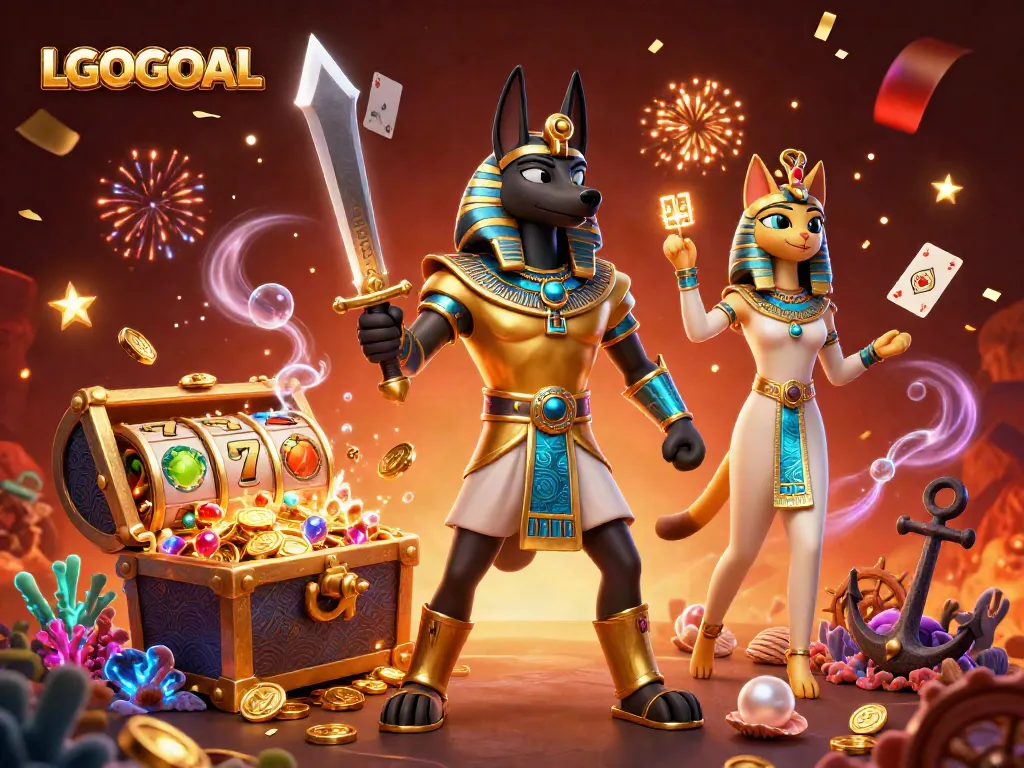 Experience winnings with LGOGOAL's vibrant casino adventure featuring Anubis and treasures.