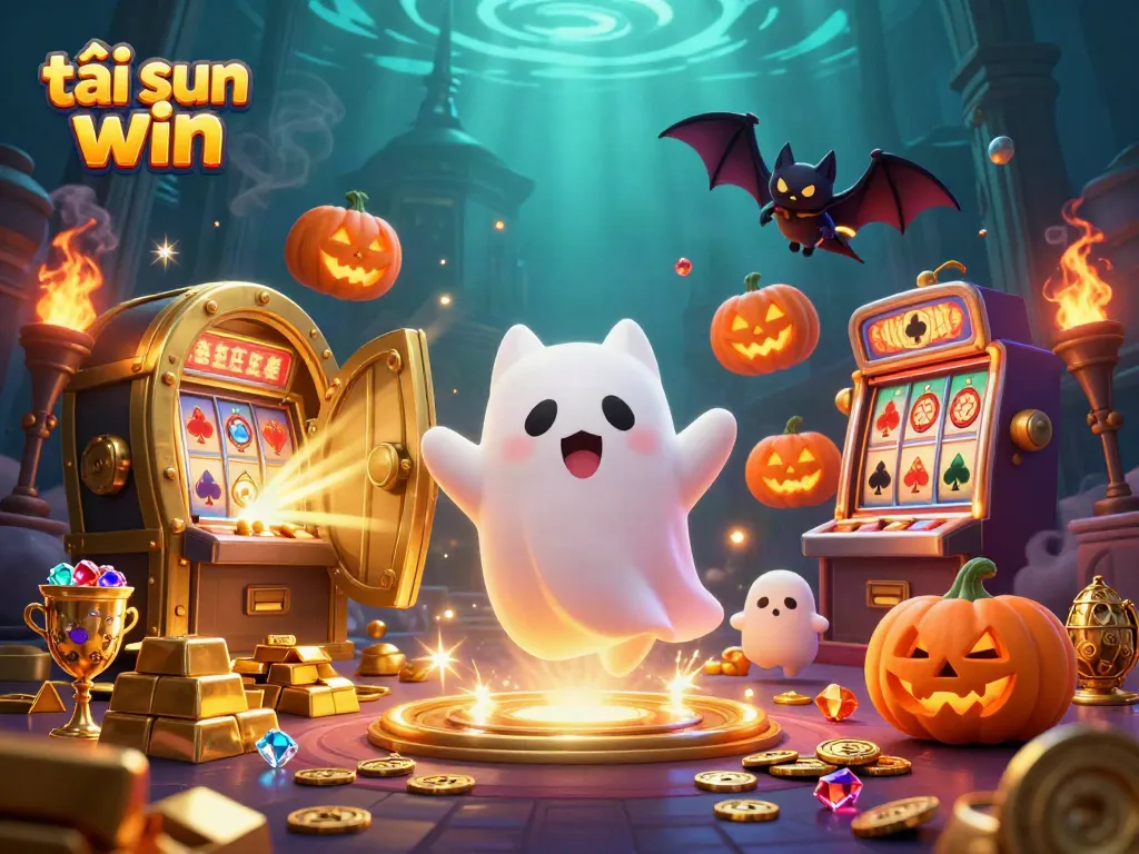 Experience tải sun win with vibrant casino-themed imagery, featuring a playful ghost cat in a haunted mansion.