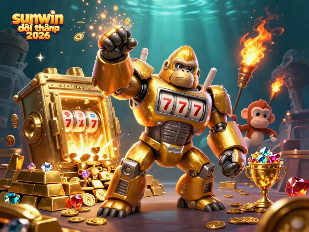 Experience the excitement of sunwin đổi thưởng 2026 with a thrilling 3D casino scene featuring a golden gorilla mech.