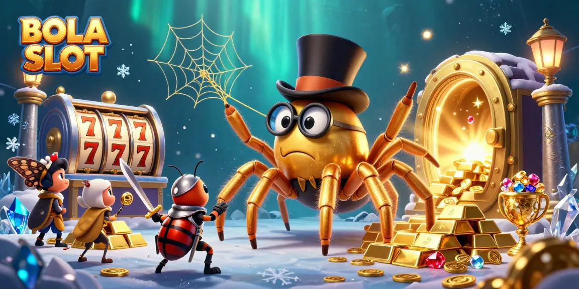 BOLA SLOT showcases a vibrant 3D scene of a golden tarantula, a brave beetle knight, and casino treasures for an engaging gaming experience.