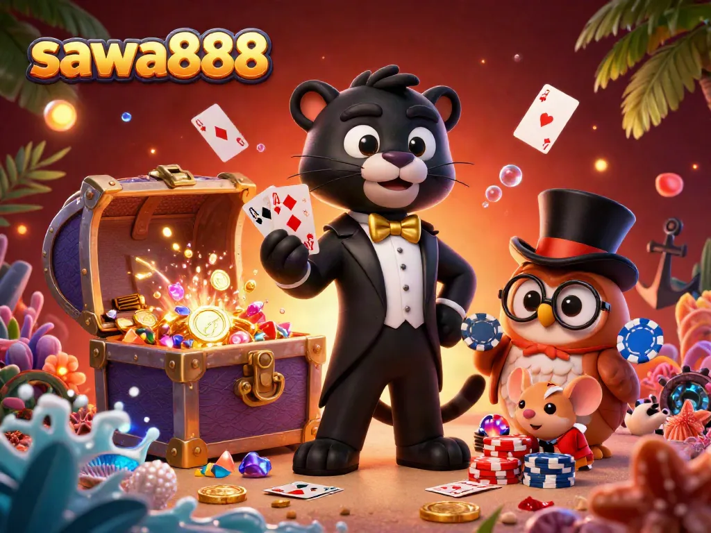 Sawa888 showcases vibrant casino characters in a winning card game action scene with glittering treasures.