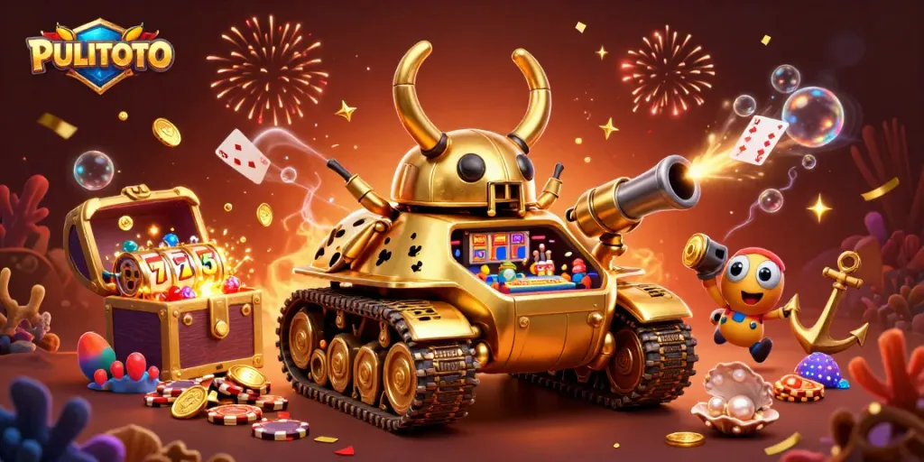 Engage in exciting gameplay with PULITOTO where a vibrant casino scene bursts with gold coins and slot reels.