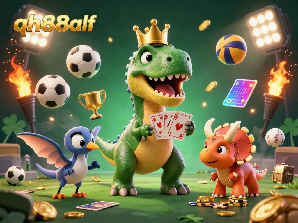 Playful QH88 alf cartoon scene with a T-Rex, pterodactyl, and triceratops engaging in casino games.