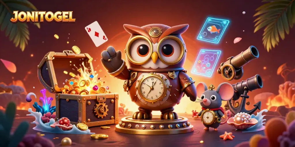 JONITOGEL showcases a vibrant casino scene with a time-traveler owl and elements of luck.
