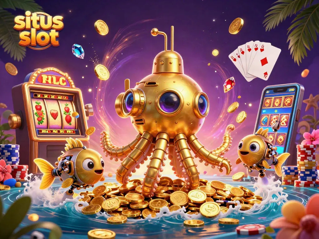 Menang besar di situs slot dengan jackpot dan simbol keberuntungan dalam ilustrasi 3D yang menakjubkan.