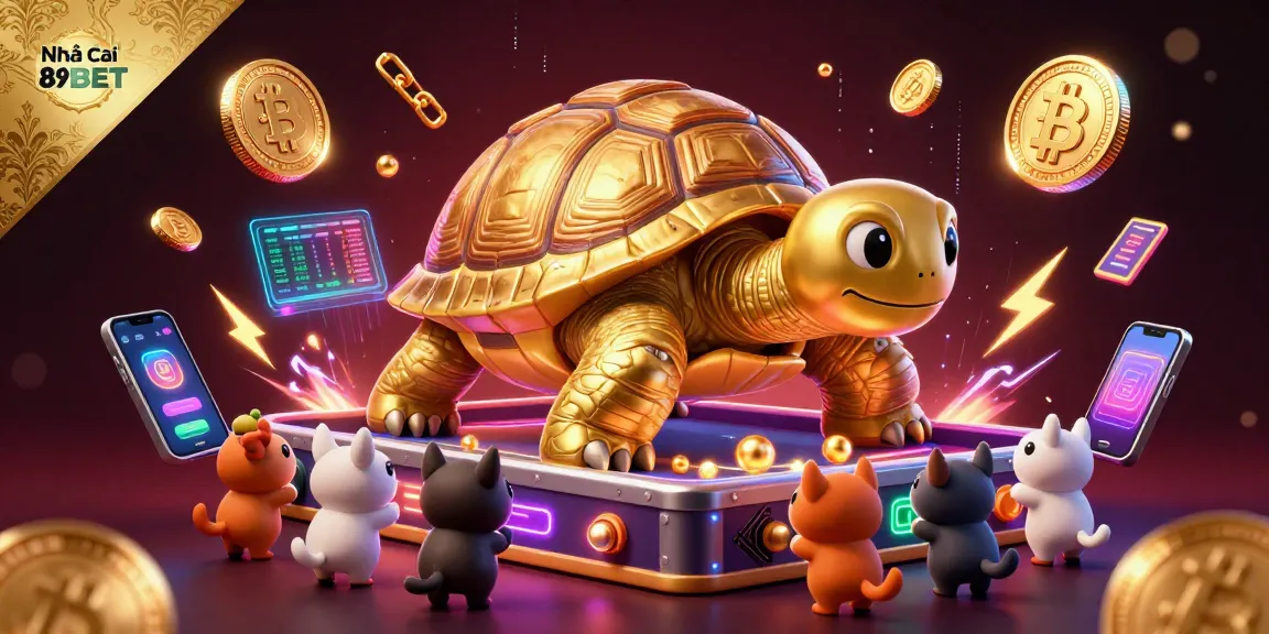 Engage with Nhà cái 89BET in a vibrant 3D casino scene with a golden tortoise and crypto elements.