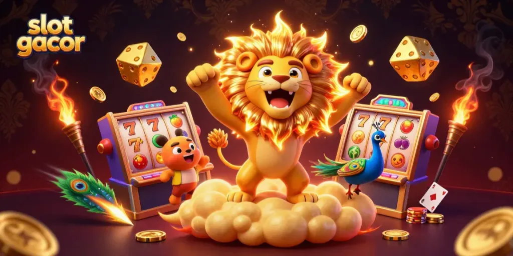 Menyambut keseruan di slot gacor dengan simbol buah dan chip poker berkilau yang mengelilingi singa matahari tiga dimensi.