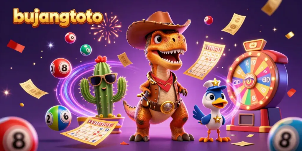 Engage with the fun of bujangtoto as a cowboy dinosaur and friends celebrate a lottery win.